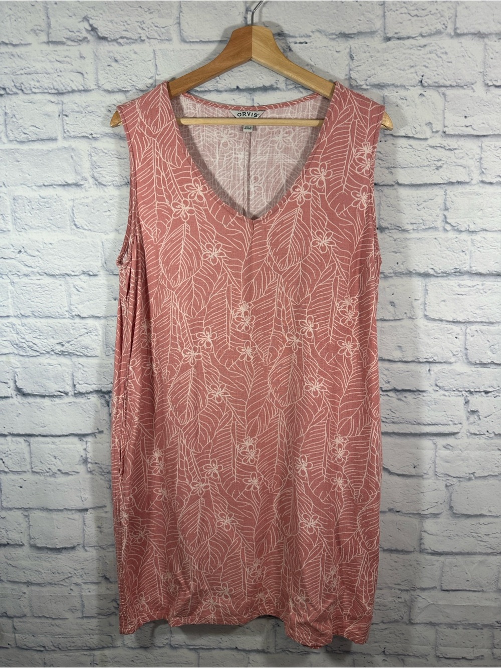 Orvis Women’s Pink Sleeveless Linen Blend Botanical Print Shift Dress Size Large